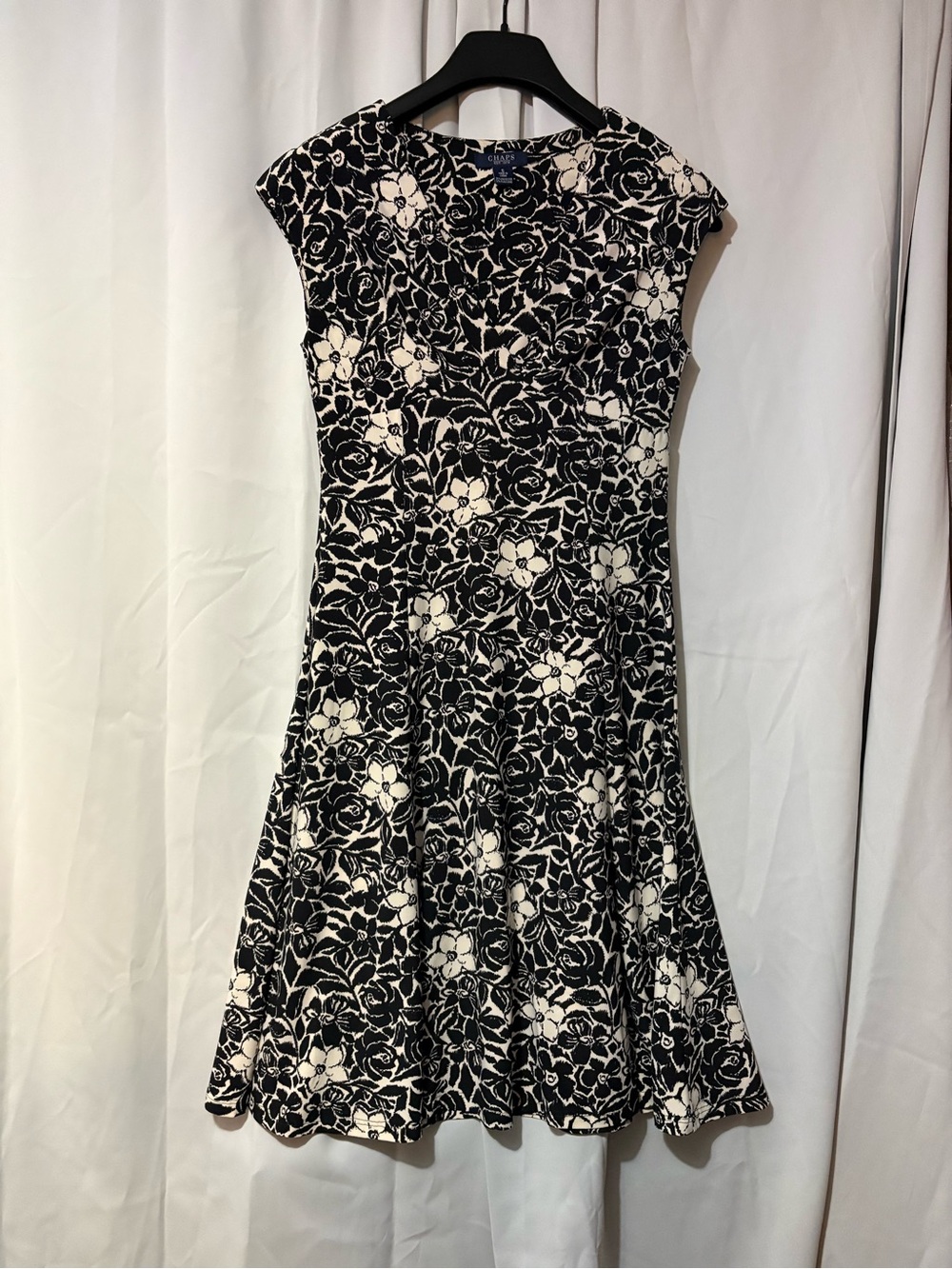 Chaps Black and White Floral Midi Dress p2p16↕️41 #2076
